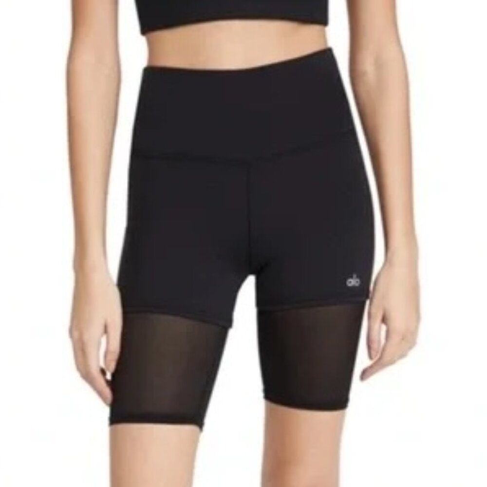 ALO High Waist Lavish 2 Layer Mesh Biker Short in Black - Size Small